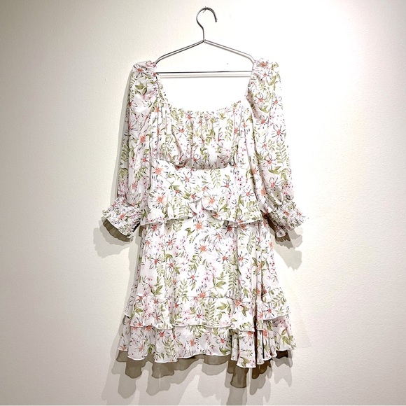 EXLURA Womens Floral Ruffle Sun Dress Sundress Tiered Square Neck Long Sleeve M. - Picture 2 of 10